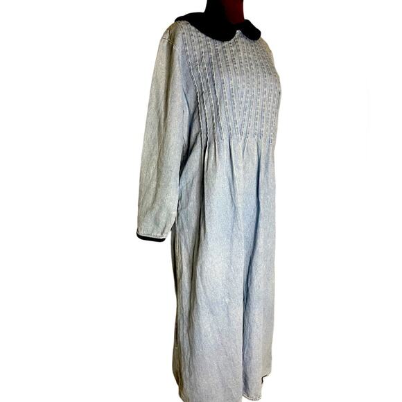 Vtg 90s Denim Velvet Collar Pleated Midi Ankle Dress Size 14P Boho Feminine - Picture 2 of 7